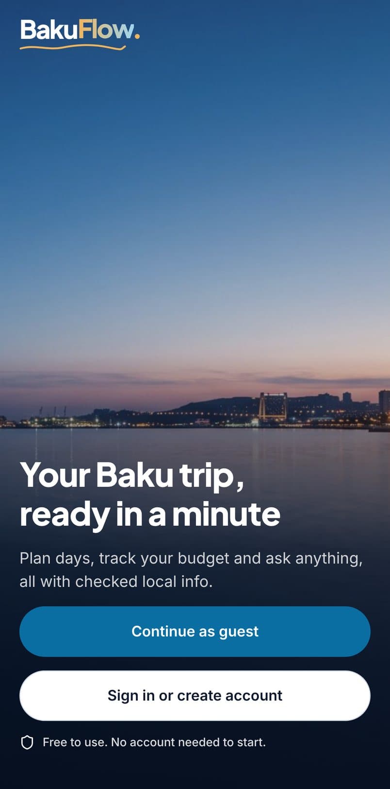The BakuFlow welcome screen over Baku Bay at dusk